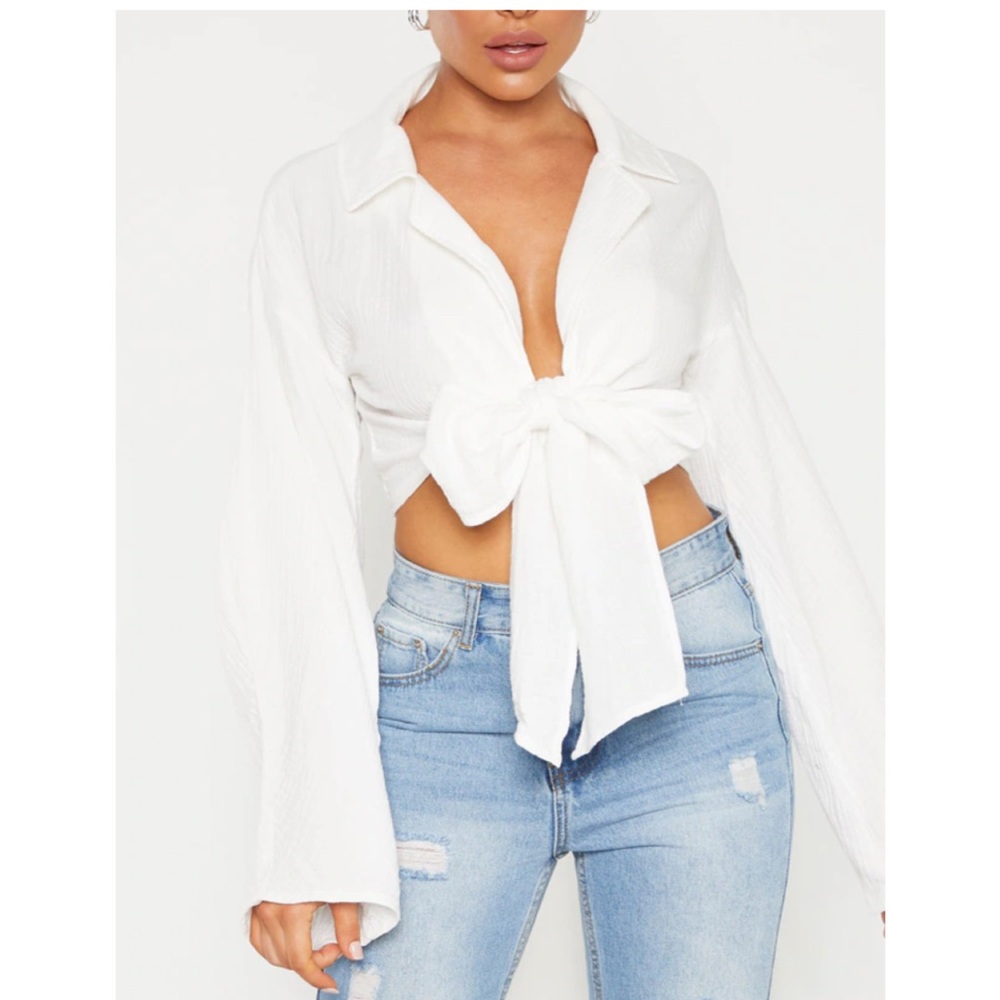 White textured tied front shirt